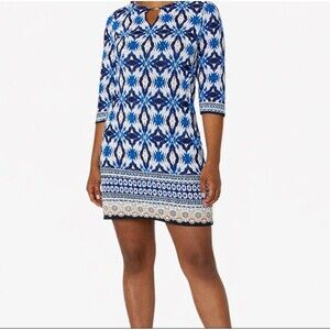 Sandra Daren Shift Dress Women Size 12 All Over Printed 3/4 Sleeve Midi Casual